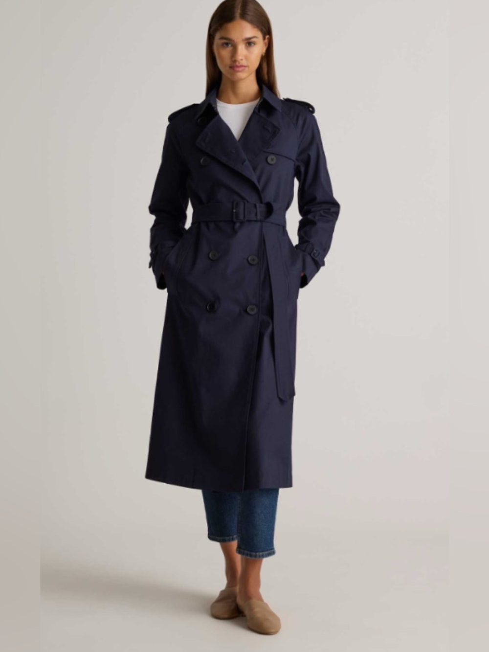 QUINCE STRETCH TRENCH COAT SMALL EUC NAVY